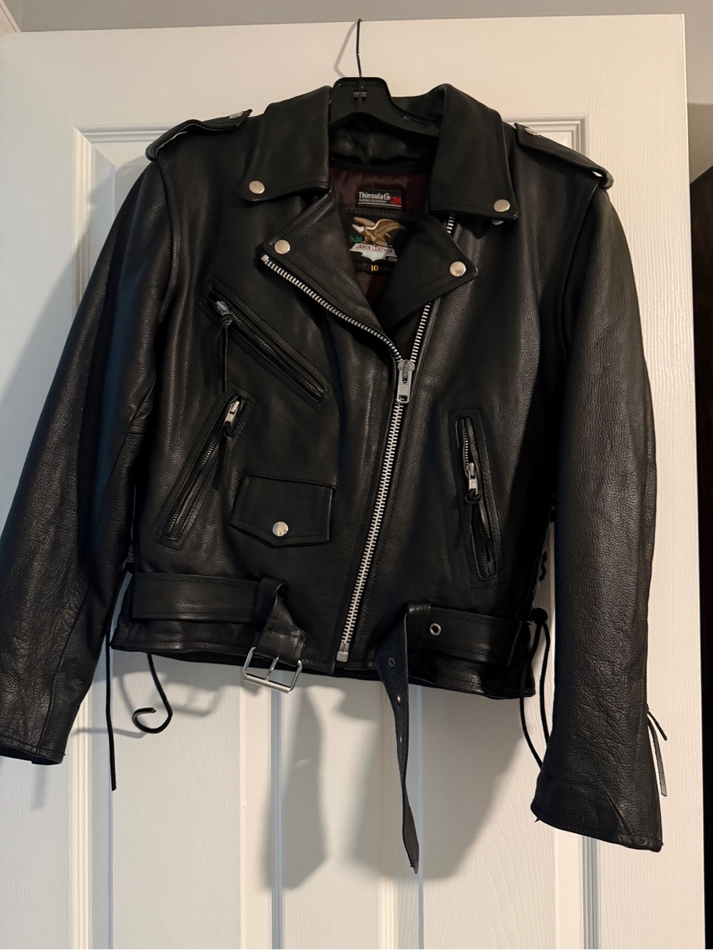 3M Thinsulate Black Leather Bomber-Style Moto Jacket with Silver Hardware